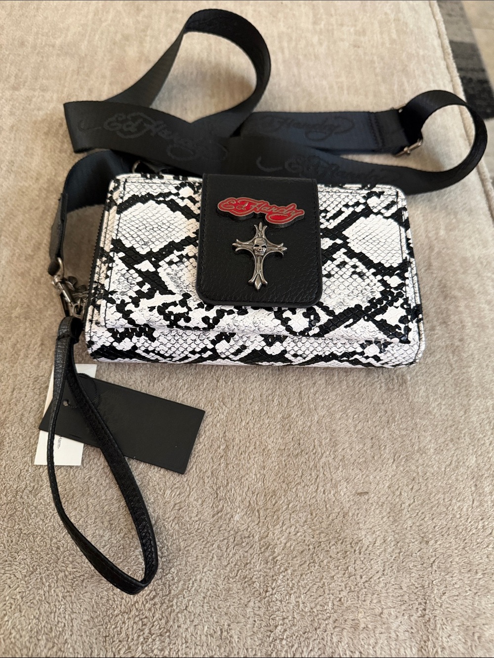 Ed Hardy Black & White Snake Print Crossbody Wristlet with Cross Emblem NWT
